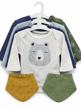 3–6M Bear Onesies 4‑Pack + 2 Bibs | 100% Cotton Oeko‑Tex Baby Bodysuits